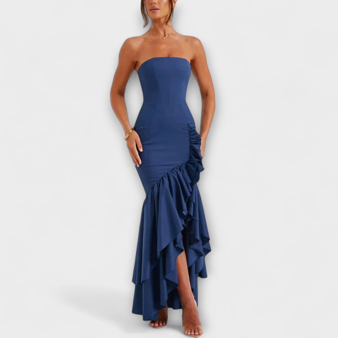 Zuri | Robe maxi cintrée épaules dénudées à ourlet asymétrique