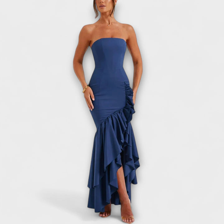 Zuri | Robe maxi cintrée épaules dénudées à ourlet asymétrique