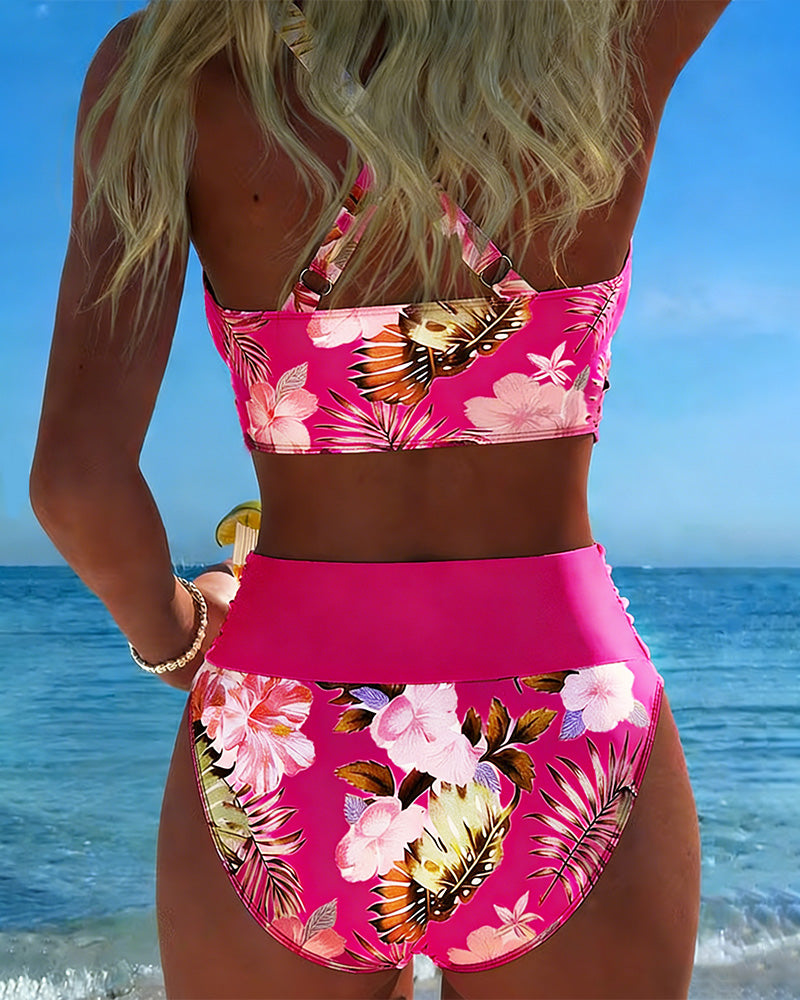 Bikini à motif floral contrastant et fente