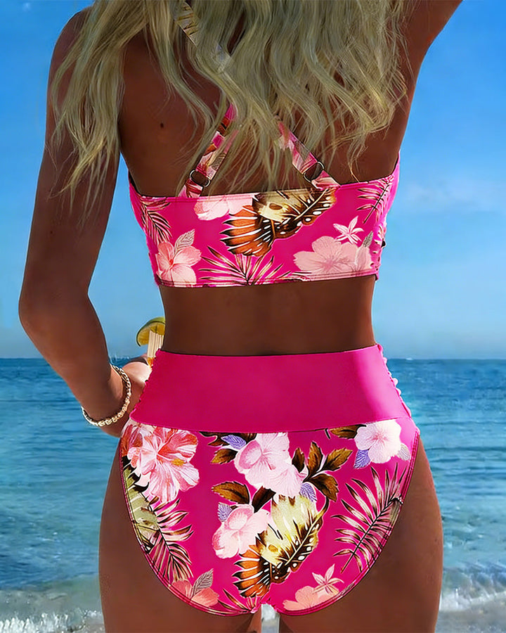 Bikini à motif floral contrastant et fente