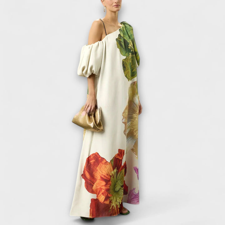 Skylar - Robe maxi à imprimé fleuri, col oblique et manches bouffantes