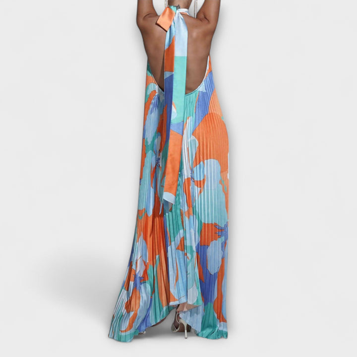 Vida - Chic robe midi plissée dos nu à col licou et bretelles