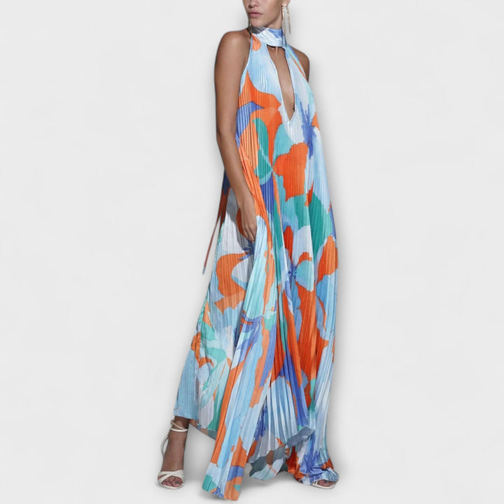 Vida - Chic robe midi plissée dos nu à col licou et bretelles