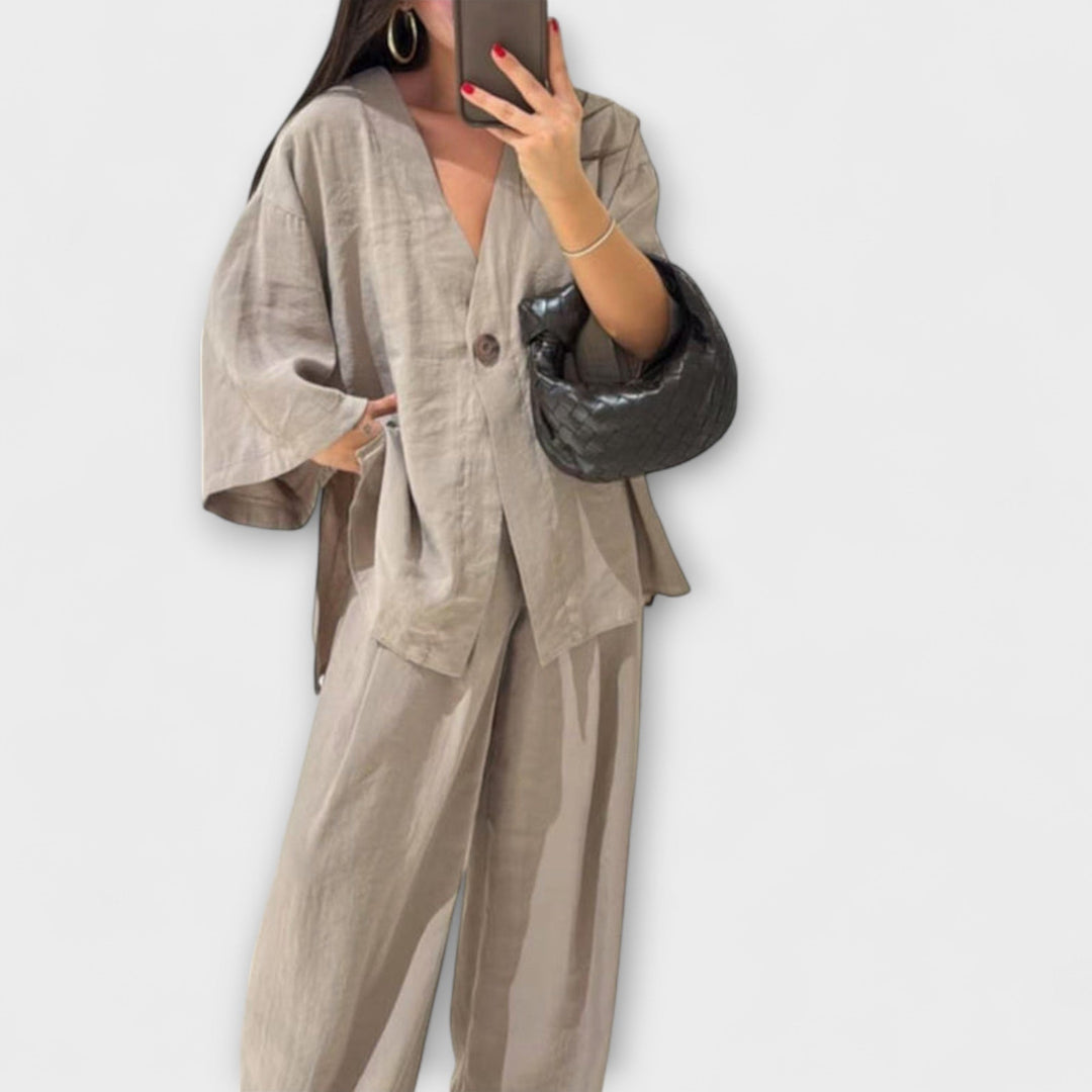 Jacqueline - Duo décontracté top à col en V et pantalon