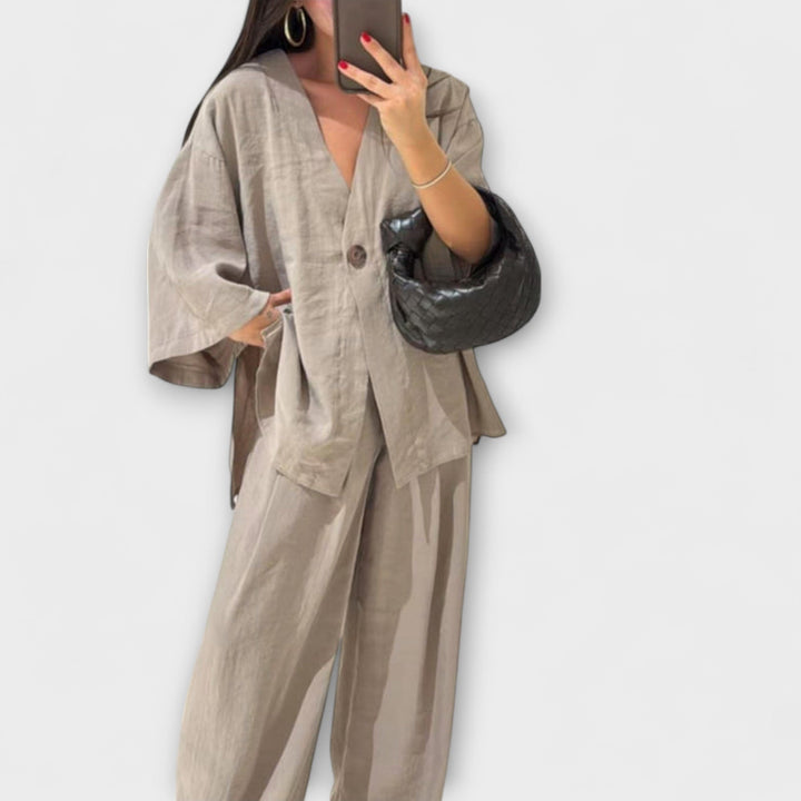 Jacqueline - Duo décontracté top à col en V et pantalon