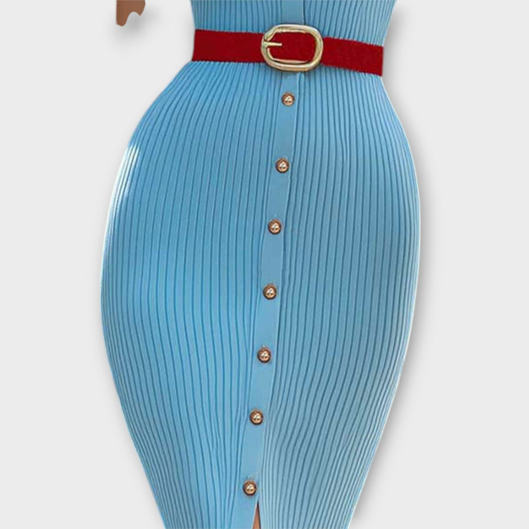Sina | Robe crayon chic bleu bébé en maille côtelée