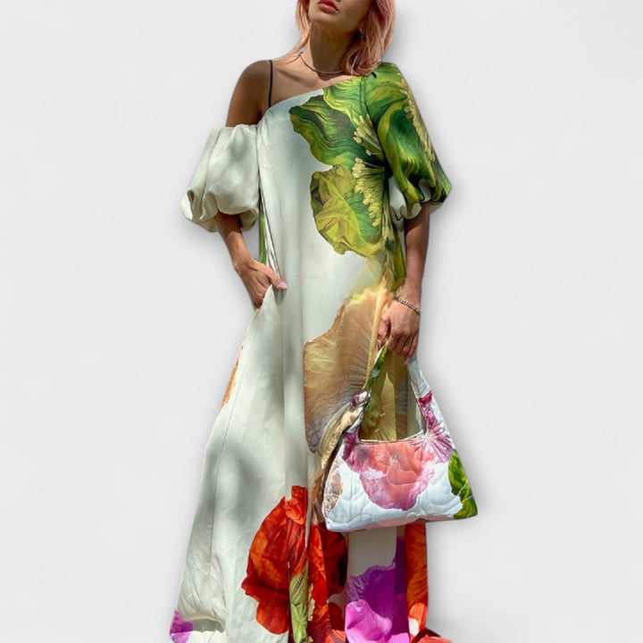 Skylar - Robe maxi à imprimé fleuri, col oblique et manches bouffantes