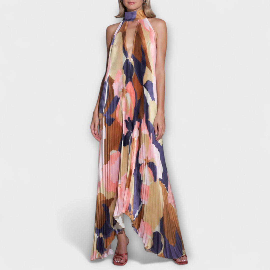 Vida - Chic robe midi plissée dos nu à col licou et bretelles