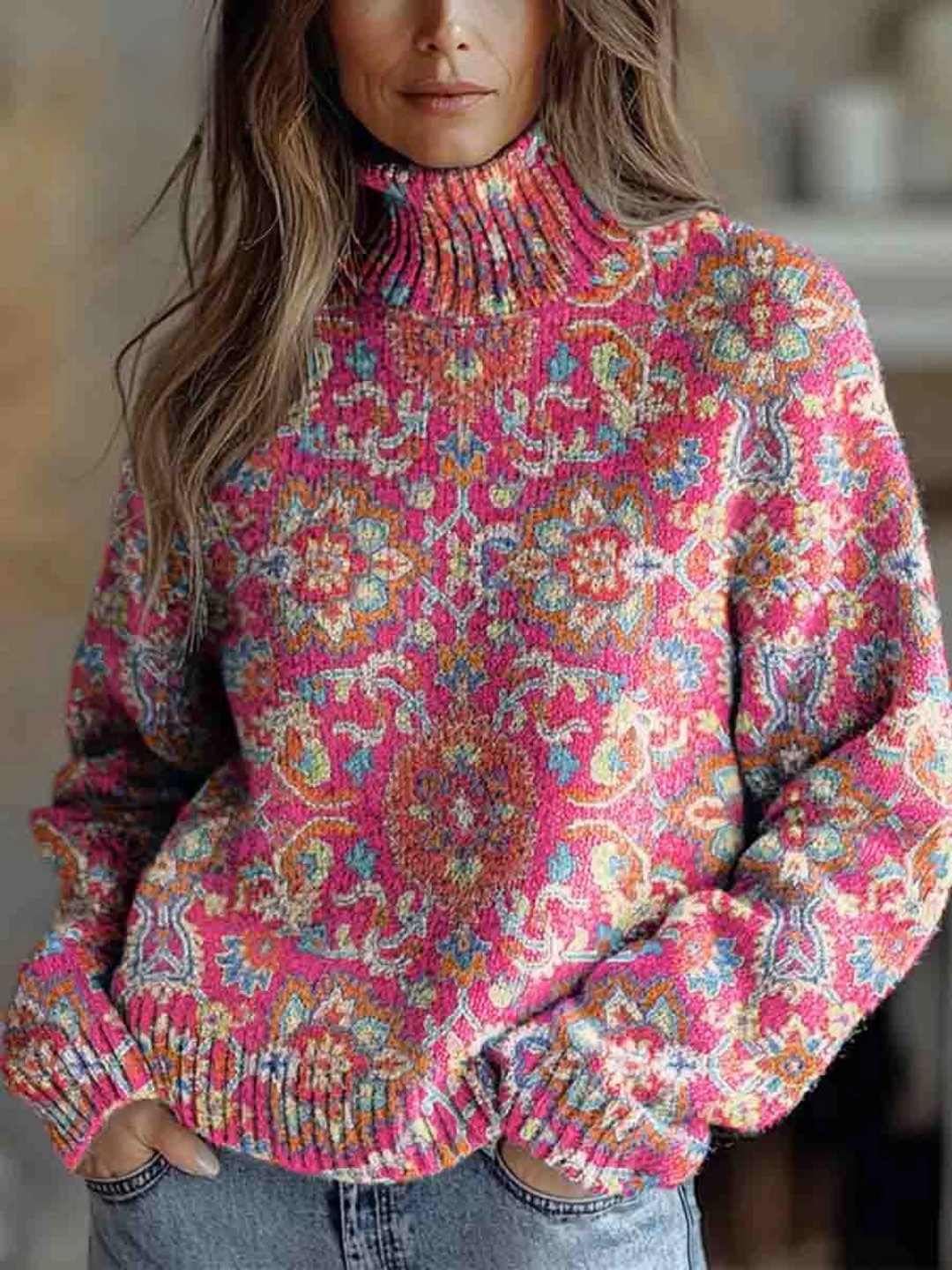 Isla - Pull à col roulé rose à ornements bohèmes