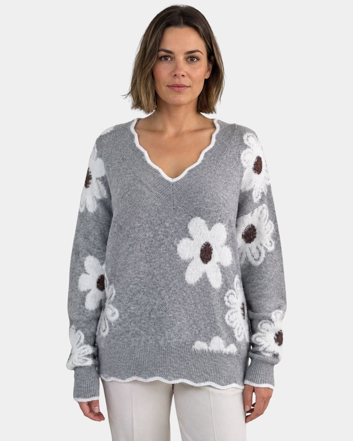 PAULA | PULL TRICOTÉ FLORAL COL V