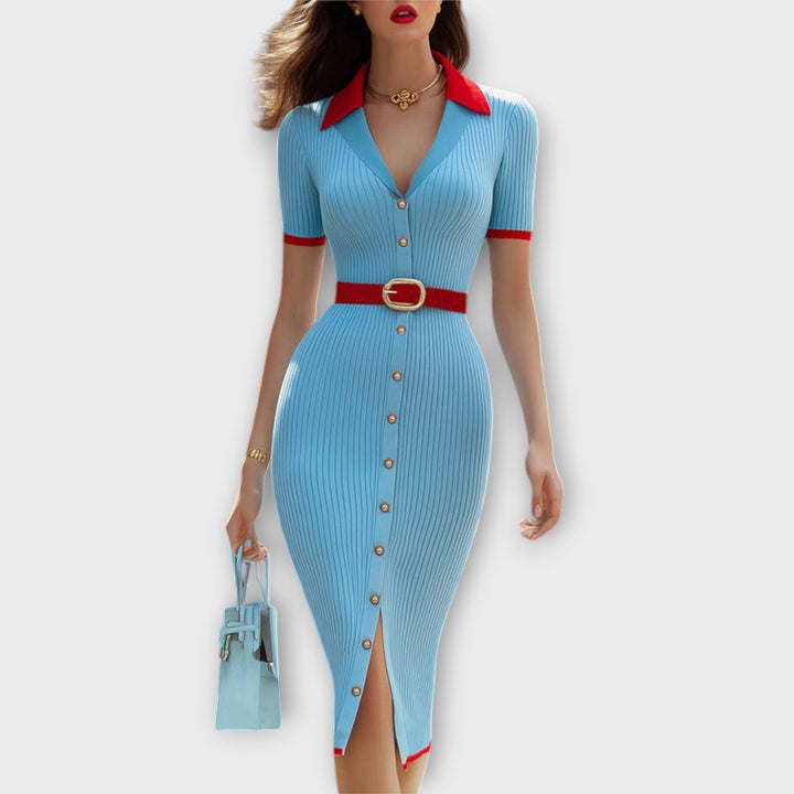 Sina | Robe crayon chic bleu bébé en maille côtelée