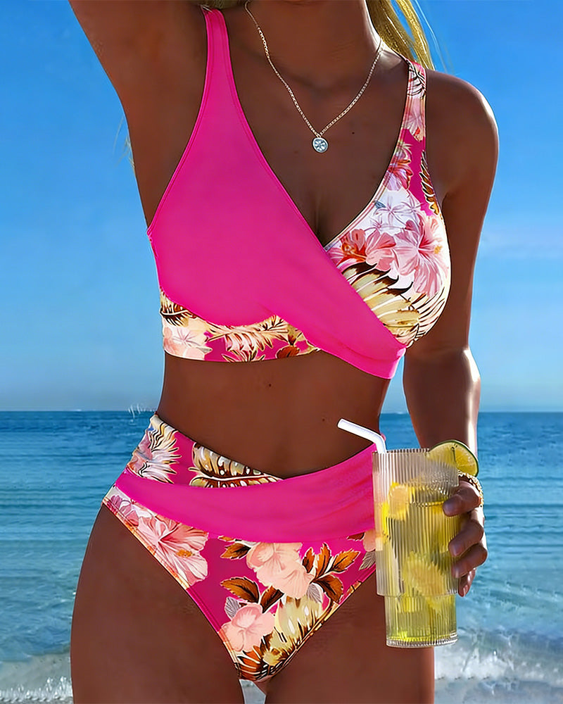 Bikini à motif floral contrastant et fente