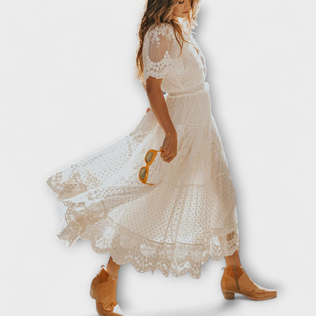 Robe midi à col en V et manches courtes Lacey