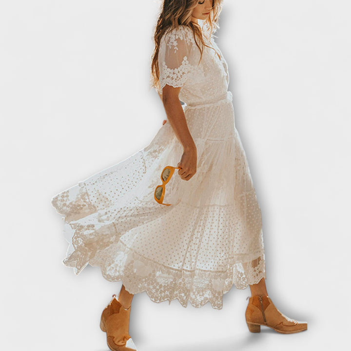 Robe midi à col en V et manches courtes Lacey