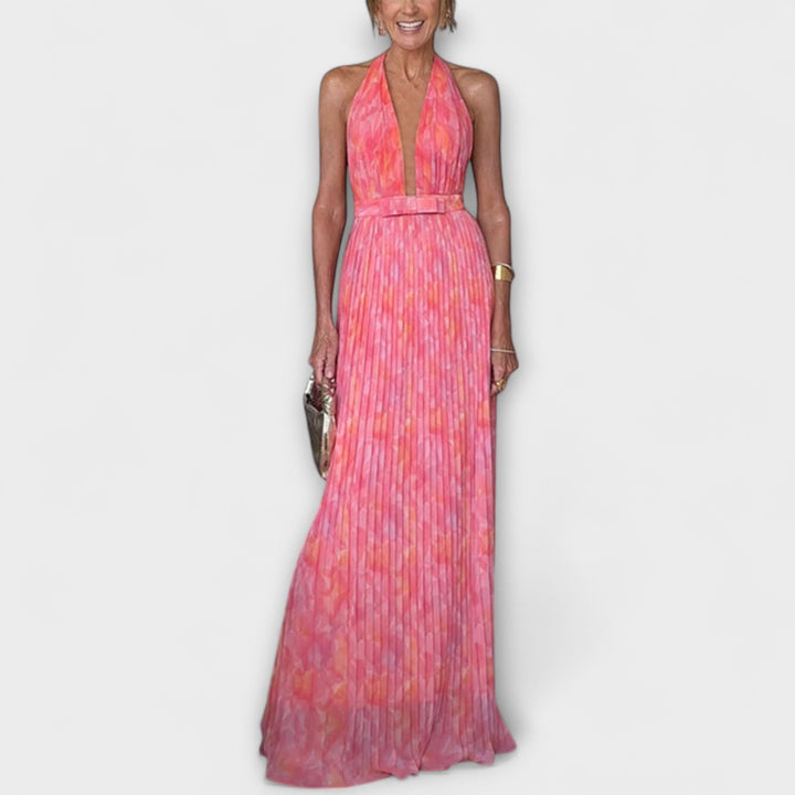 Seraphina | Robe maxi plissée chic à col licou et col en V