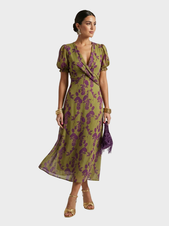 Natalia | Robe midi à encolure cache-cœur et motif fleuri
