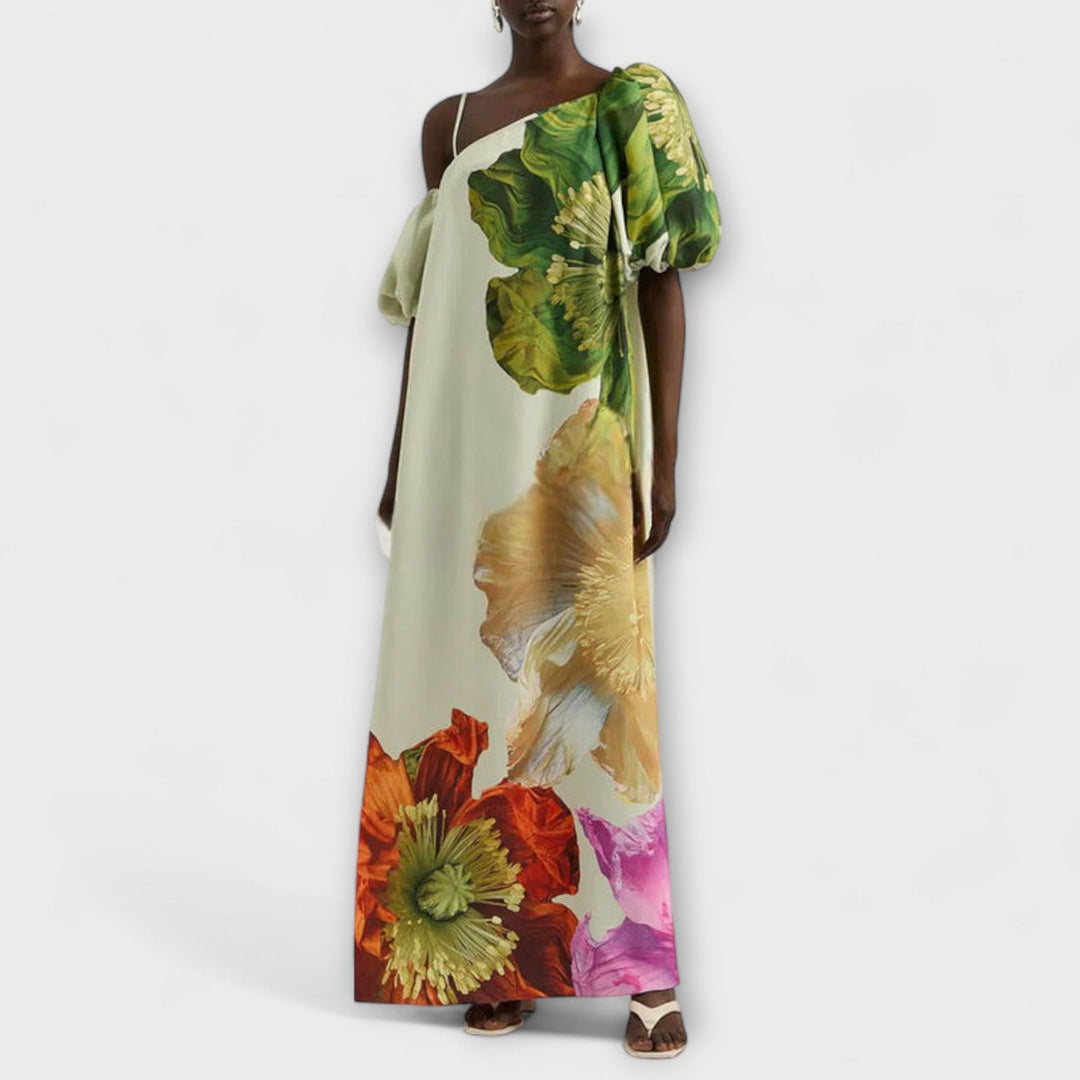 Skylar - Robe maxi à imprimé fleuri, col oblique et manches bouffantes
