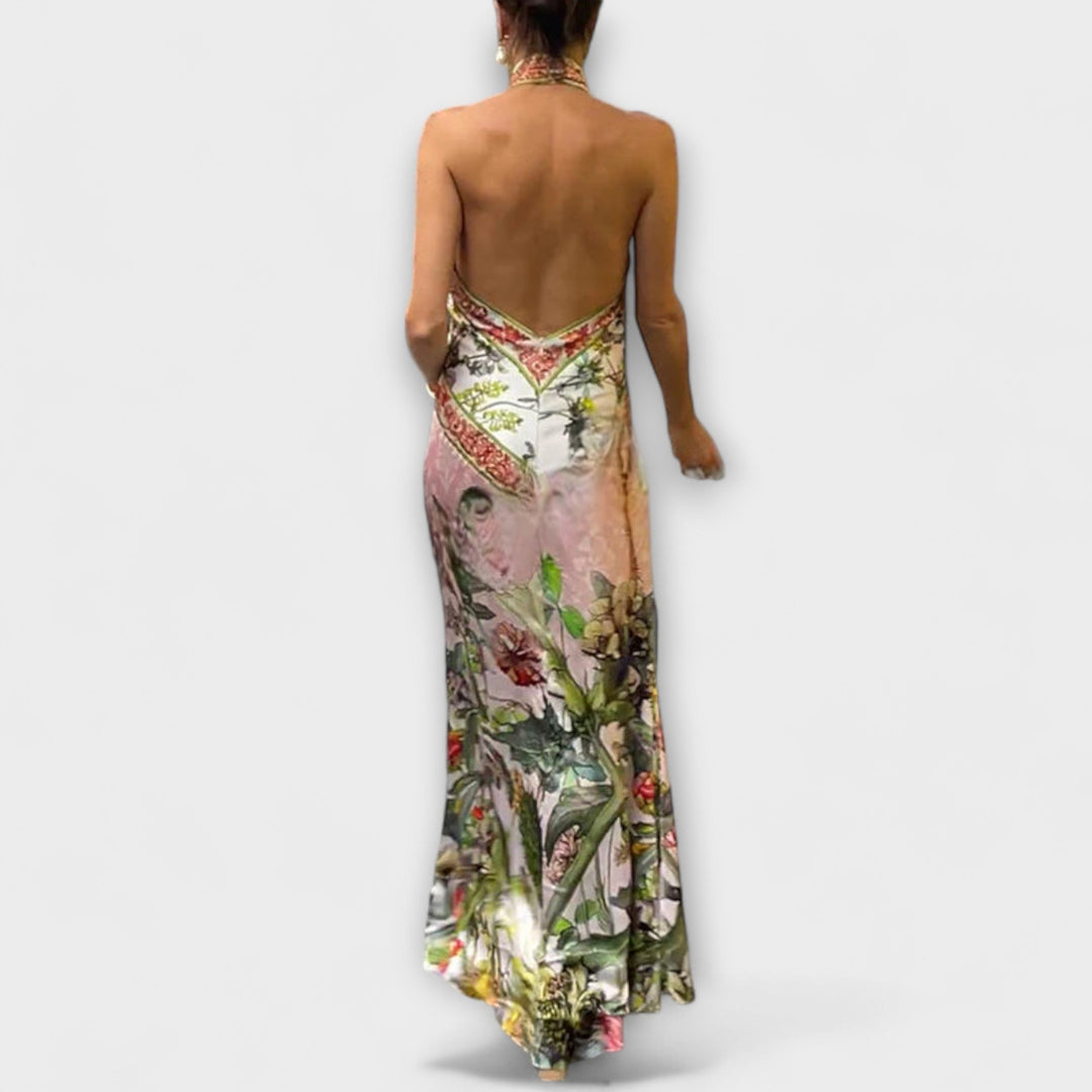 Ayla - Robe maxi fleurie sans manches à dos ouvert