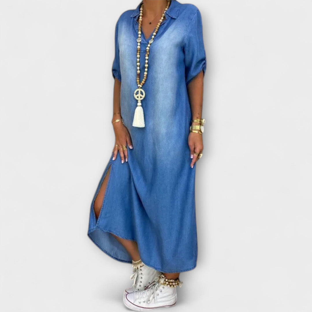 Lea | Robe longue effet jean à fente latérale