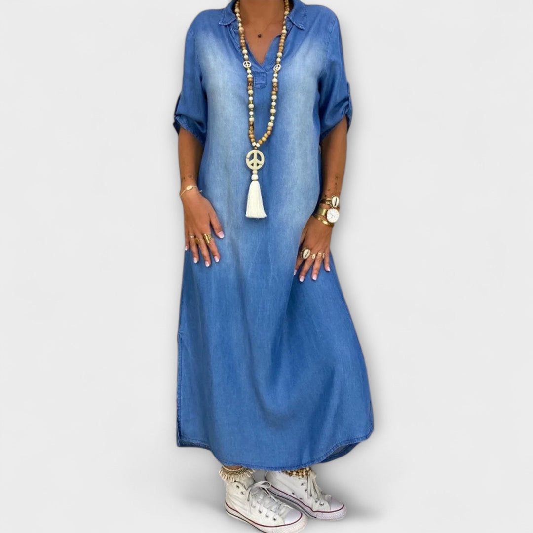 Lea | Robe longue effet jean à fente latérale