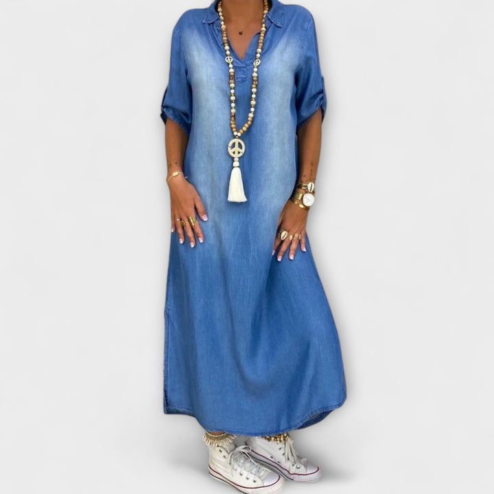 Lea | Robe longue effet jean à fente latérale