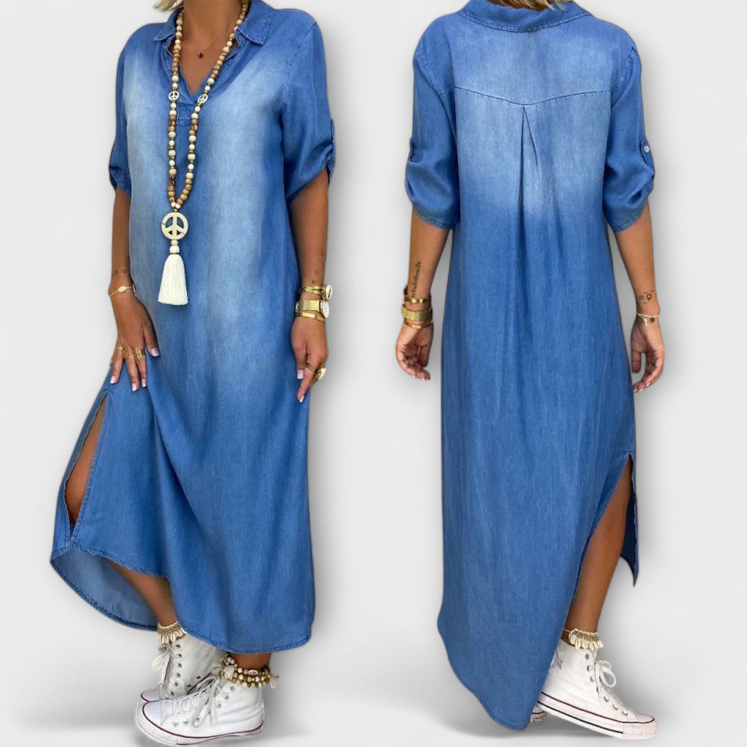 Lea | Robe longue effet jean à fente latérale