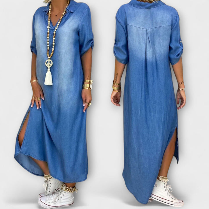 Lea | Robe longue effet jean à fente latérale