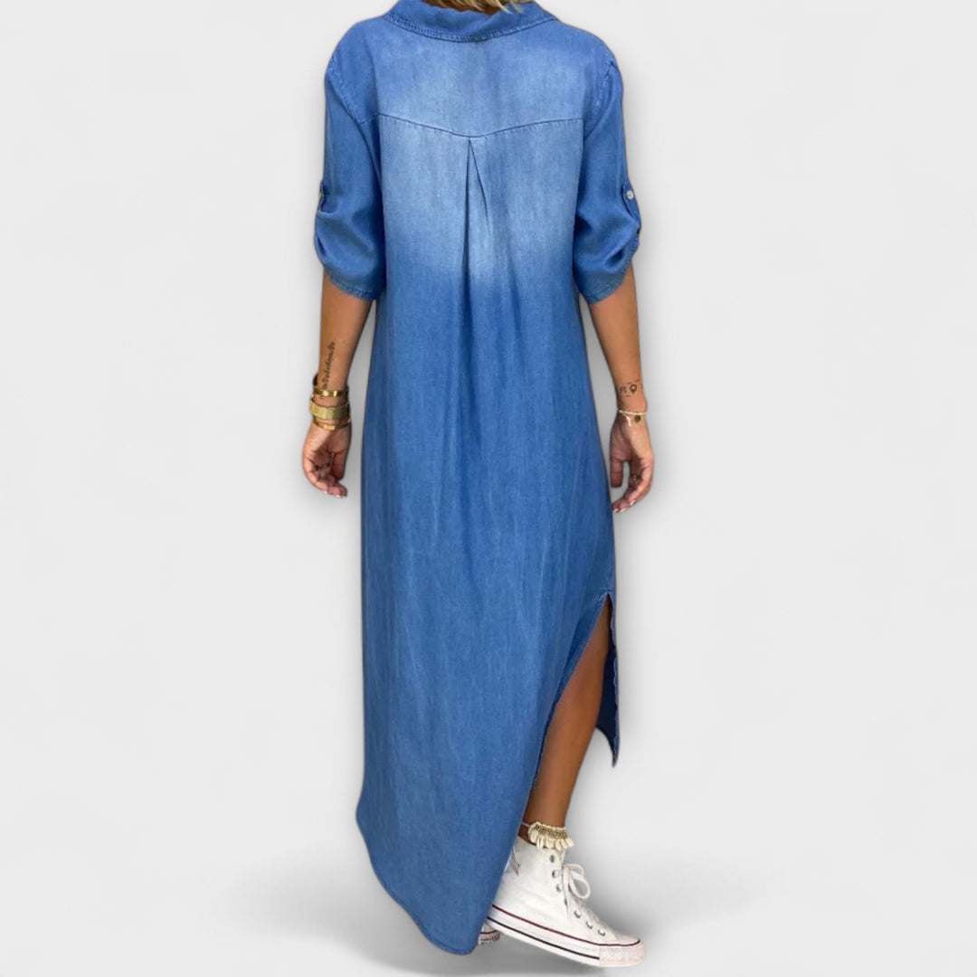 Lea | Robe longue effet jean à fente latérale