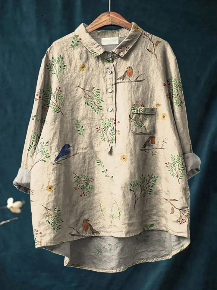 Romina | Blouse décontractée pour femme à imprimé de branches et de rouges-gorges