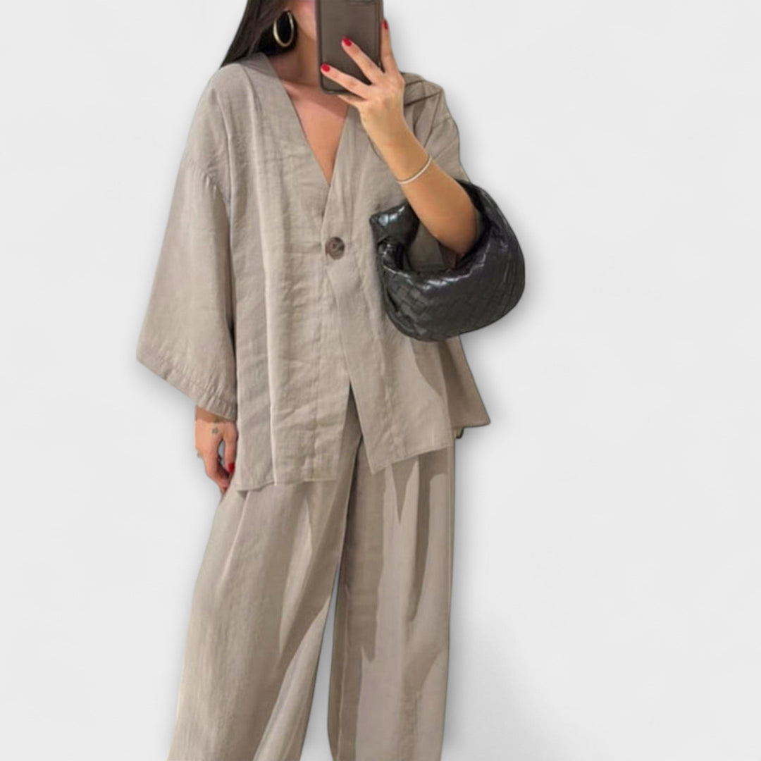 Jacqueline - Duo décontracté top à col en V et pantalon