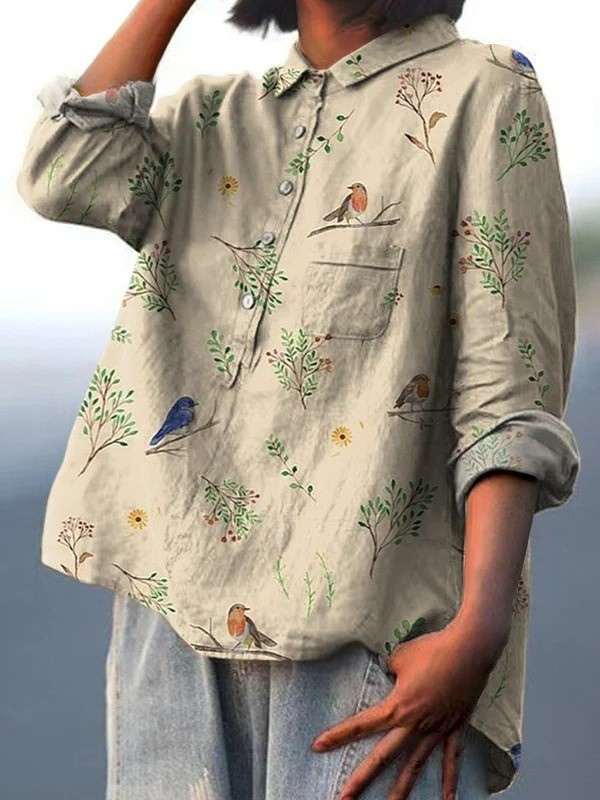Romina | Blouse décontractée pour femme à imprimé de branches et de rouges-gorges