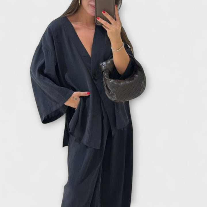 Jacqueline - Duo décontracté top à col en V et pantalon