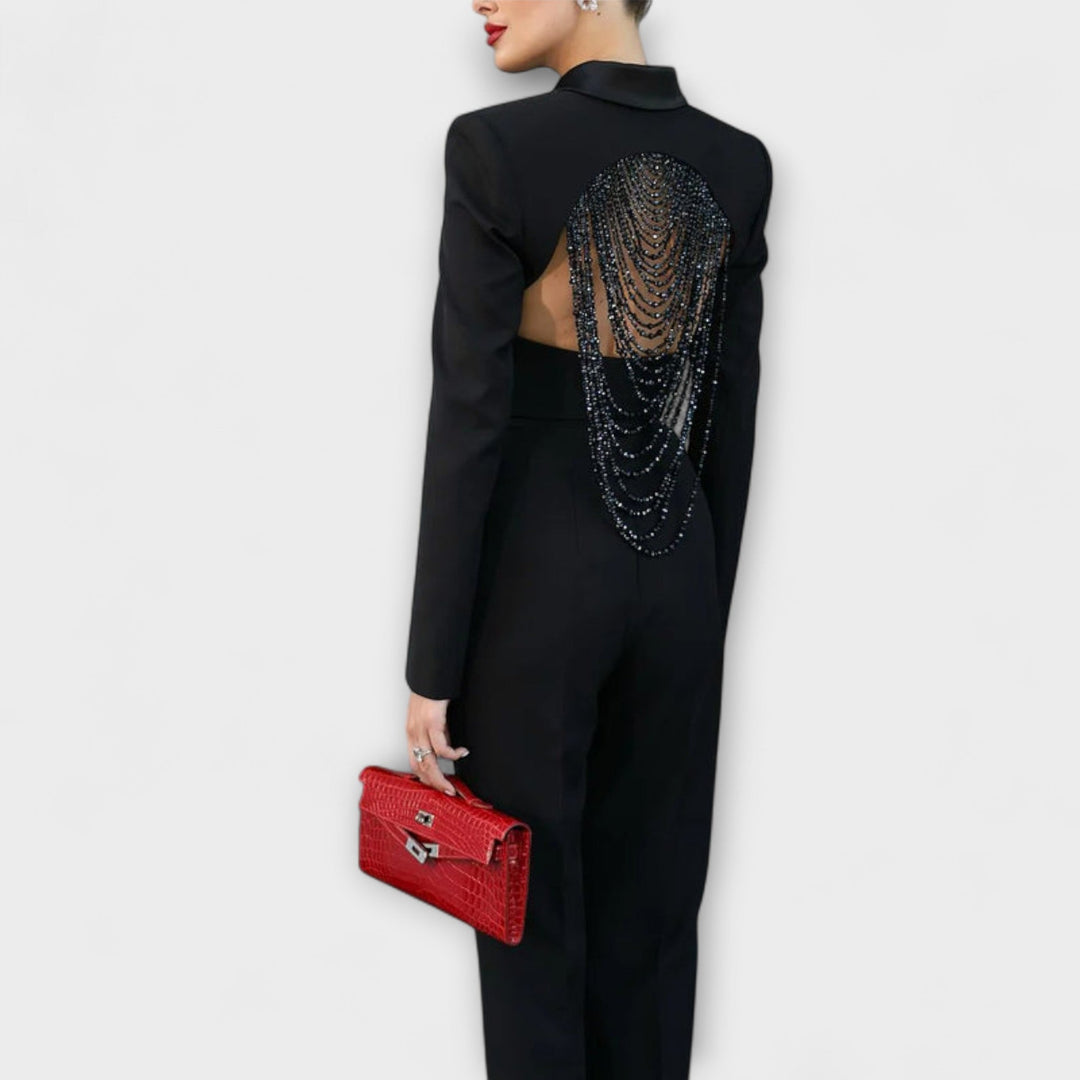 Noa - Ensemble blazer court noir dos nu orné de perles