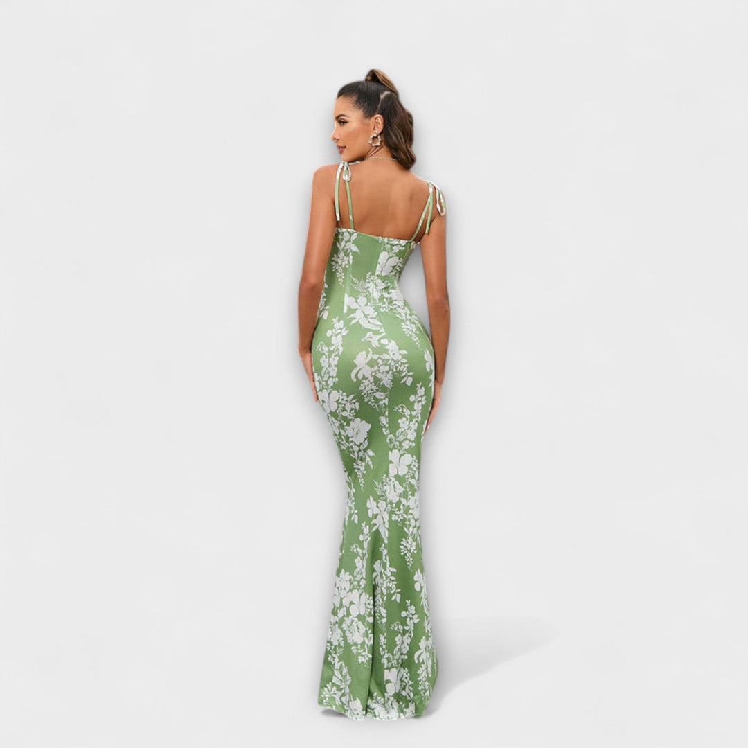 Thalia - Robe de bal à imprimé floral avec bretelles nouées aux épaules