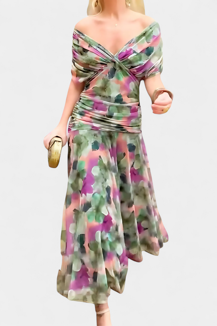 Magda | Longue robe fleurie à col en V et taille plissée