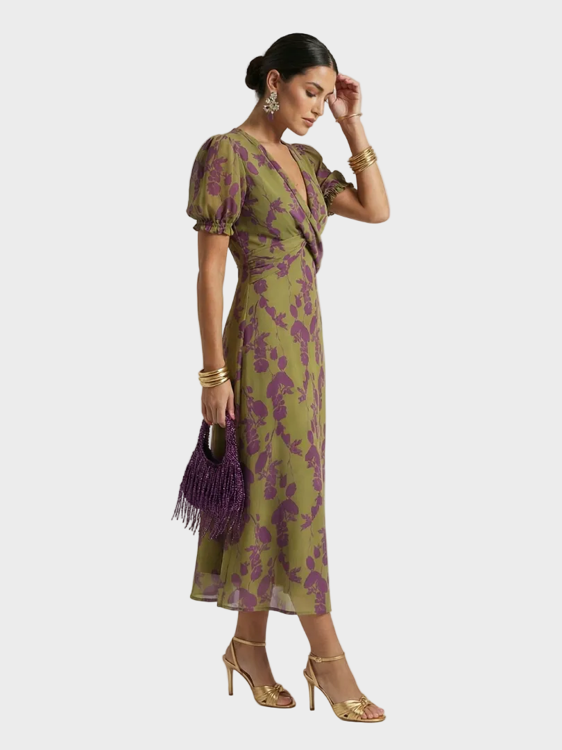Natalia | Robe midi à encolure cache-cœur et motif fleuri