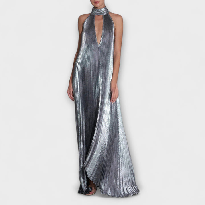 Calliope - Robe longue trapèze plissée métallisée