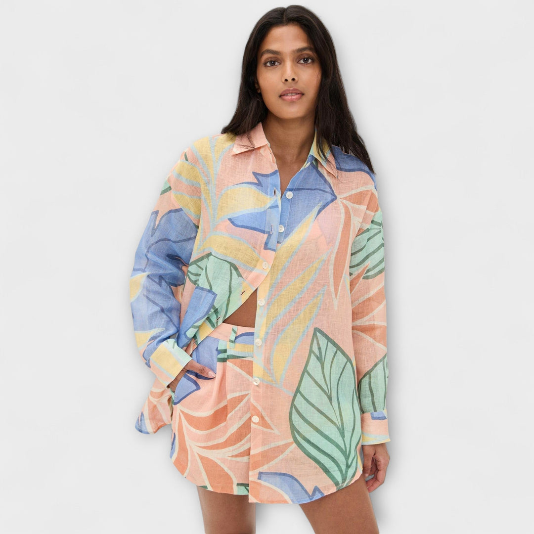 Mary - Ensemble court à imprimé feuillage tropical et chemise ample