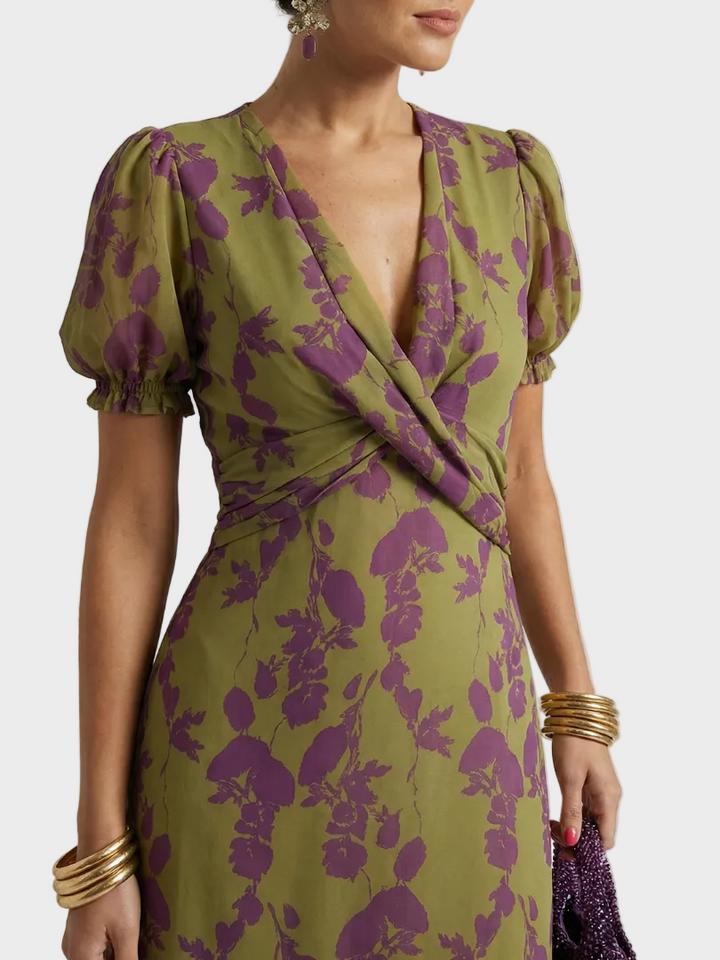 Natalia | Robe midi à encolure cache-cœur et motif fleuri