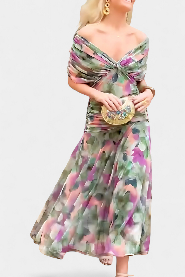 Magda | Longue robe fleurie à col en V et taille plissée