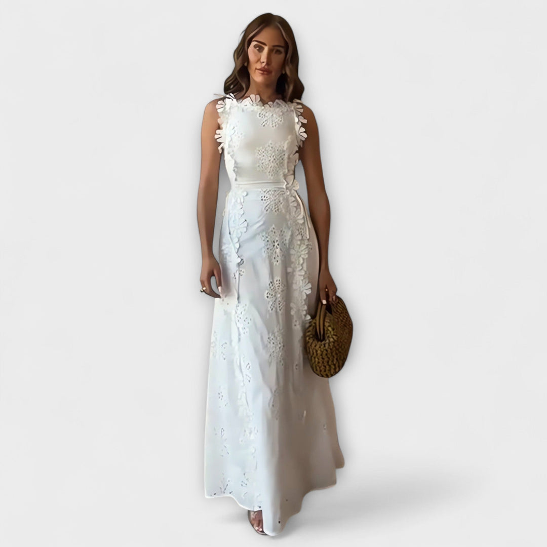Éliora – Robe maxi à motif de fleurs en dentelle et liens à nouer