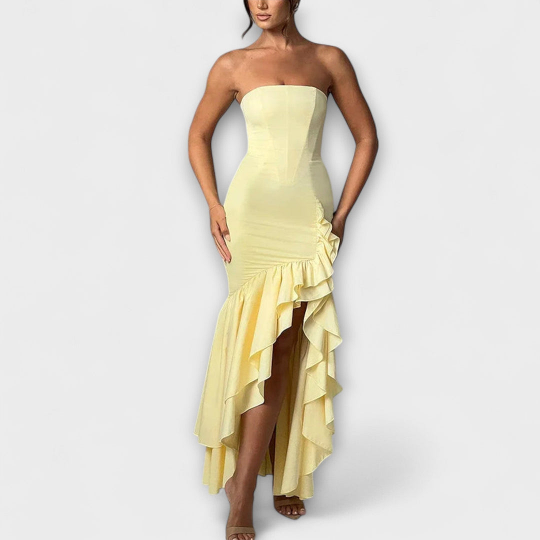 Zuri | Robe maxi cintrée épaules dénudées à ourlet asymétrique