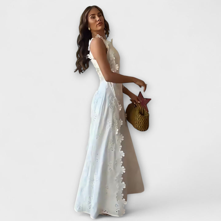 Éliora – Robe maxi à motif de fleurs en dentelle et liens à nouer