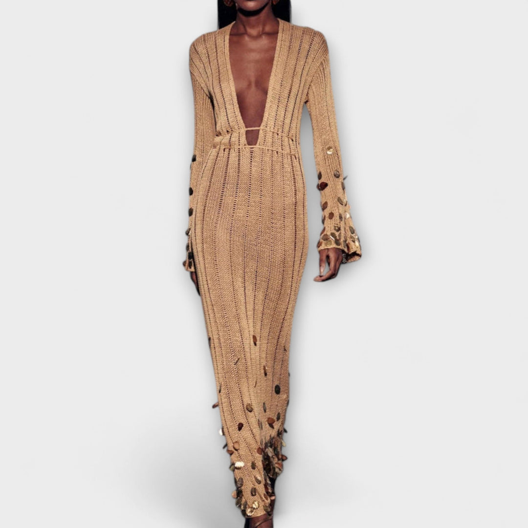 Kathleen | Robe maxi en maille dorée de Dolly