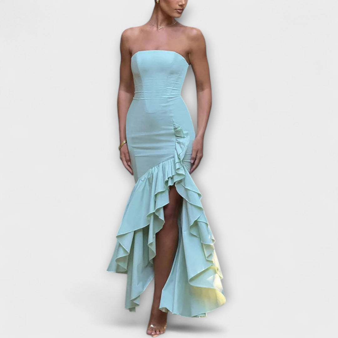 Zuri | Robe maxi cintrée épaules dénudées à ourlet asymétrique