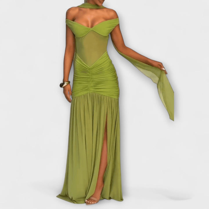 Nicole | Robe maxi olive à col en V