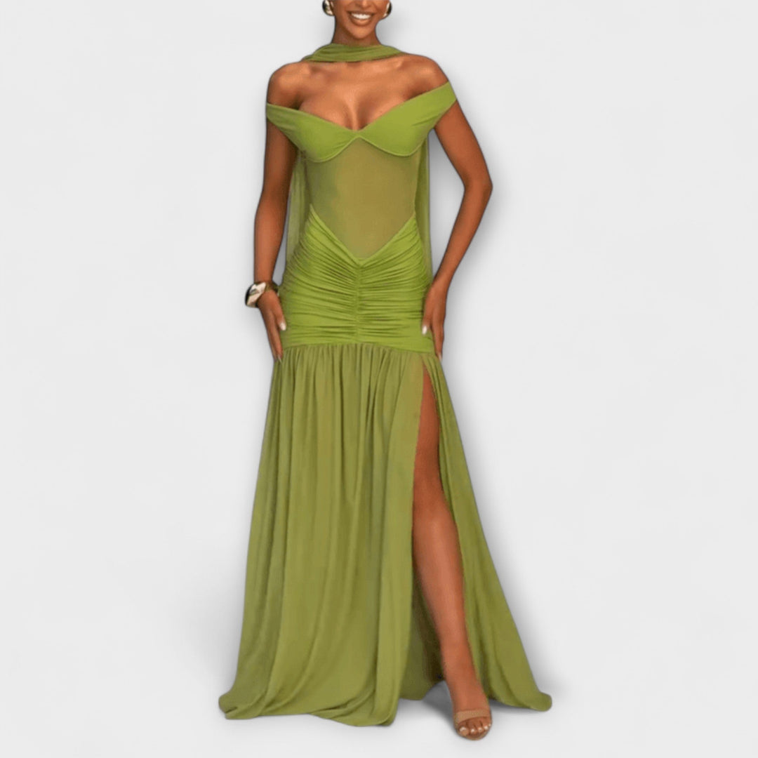 Nicole | Robe maxi olive à col en V