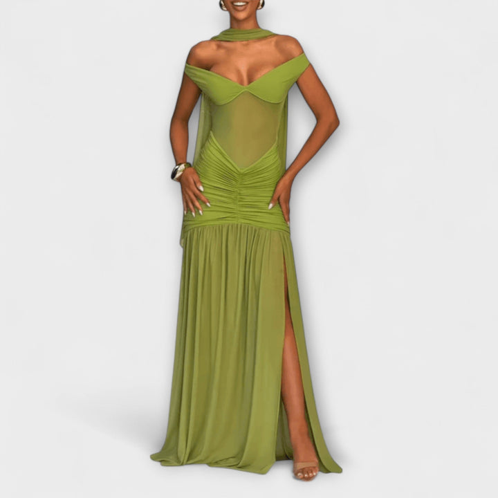 Nicole | Robe maxi olive à col en V