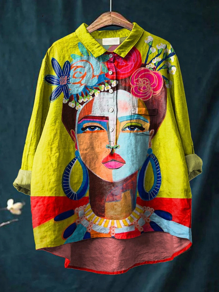 Giulia | T-shirt décontracté à imprimé de portrait de Frida façon peinture à l’huile