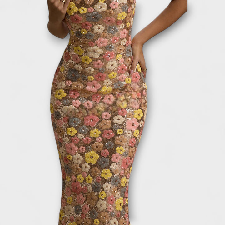 Oakley - Robe maxi à paillettes florales style années 80